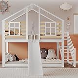 Rtopsu Kinderbett Etagenbett 90x200 cm mit Rutsche und Treppe für 1-2 Kinder, Hochbett Baumhausbett Holzbett mit 2 Fenster, Hausbett Bett mit Rausfallschutz und 1 Lattenrost, Weiß, Ohne Matratze