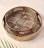 Two Moustaches Serviertabletts im indischen traditionellen Design (20,3 cm und 25,4 cm), Servierplatten für Zuhause, Teller für Tee/Kaffee/Obst/Snacks, dekoratives Pichwai-Tablett für Diwali, Gold, 2