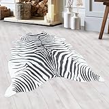 HomebyHome Fell Teppich Flachgewebt Kunstfell Zebra Design Wohnzimmer Schlafzimmer 8 mm Florhöhe Waschbar Weich Tierform rutschfest Schwarz, Farbe:Schwarz, Grösse:100x135 cm