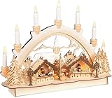BRUBAKER 3D Lichterbogen - Schwibbogen mit LED Kerzen - Weihnachtsmarkt 2024 - Weihnachtsbeleuchtung aus Holz Natur - 31 x 41 x 11 cm - Handbemalte Figuren - Weihnachtsdeko für Tisch & Fenster
