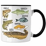 Trendation - Angler Fischer Tasse mit Fischarten Geschenk Raubfische Hobbyangler Hecht Forelle Barsch Angeln Kaffeetasse (Schwarz)