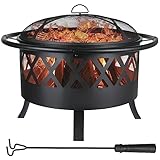 TLSUNNY Feuerschale, Feuerschalen für den Garten, Ø 81cm Feuerschale mit Funkenschutz und Schürhaken, Feuerkorb mit Grillrost(Ø 58cm), BBQ Feuerstelle Outdoor, für Gartengrills, Campingheizung, Groß