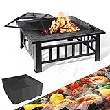 Feuerschale mit Funkenschutz, 81,5x81,5x45cm, Feuerkorb , Feuerstelle Garten, inkl. Grillrost(51*51cm) und wasserfeste Abdeckung, für Heizung/BBQ, Metall Feuerschalen,Quadratisch