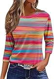 Damen T-Shirts 3/4 Ärmel Rundhals Basic Casual Oberteile Gestreifte/einfarbig/Drucken Elegant Casual Trendy Print Tshirts Sommershirts Bunt Streifen Vintage Sport Tops ﻿