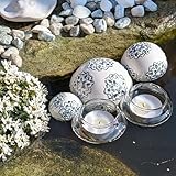 Storm's Gartenzaubereien Dekokugel - Schwimmkugel aus Keramik mit blauen Blumenmuster in 3 Größen mit 2 Teelichtgläsern schwimmend als Teickdeko