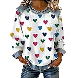 Valentinstag Sweatshirt Damen Herz Drucken Oberteil Langarm Rundhals Shirt Lässig Basic Longshirt Romantisch Freizeit ohne Kapuze Tops mit Jeanskragen Valentinstagkostüm Elegant Outfits