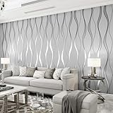 Trafagala 0,53m x 9.5m Grau Tapete Vliestapete 3D Modern Minimalistisch Wallpaper mit 3D-Wellen Leicht Glänzend - Streifentapete Wanddekoration in Wohnzimmer, Schlafzimmer und Büro