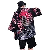 Siehin Herren Kimono Cardigan Japan Happi Kimono Frühling-Sommer Jacke Yukata Coat Ukiyoe Baggy Tops (L (Label:2XL), Schwarz)