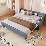 Schlafsofa, Daybett, Tagesbett,90x200cm, Schlafsofa mit Lattenrost (ohne Matratze), mit ausziehbarem Ausziehbett mit Klappstaufach, USB+Type-c, Leinen, Grau