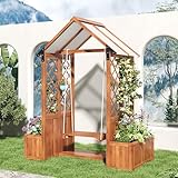 LAKFEW Outdoor Rosenbogen mit Schaukelt 2 Sitzer, Rankhilfe mit Sonnenschirm, Rankgitter Holz Blumenkasten und Pflanzkübel, Gartenbogen für kletterpflanzen Gartendekoration, 142x70x163 cm, Braun