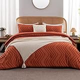 Litanika Übergroßes Bettwäsche-Set für Kingsize-Bett, Übergröße, 3-teilig, gebranntes Orange, Terrakotta, Chevron, getuftet, einfarbig, flauschiges Bettwäsche-Set