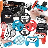 Orzly Party-Zubehör-Set für Nintendo-Switch-Konsole mit Controller-Griffen und Renn-Lenkrädern, Handgelenk-Tanzbändern, Tennisschlägern (enthält 16 Partyaufsätze und Tragetasche)