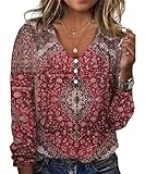 GRMLRPT Tops Damen Langarm Frühlingblusen V-Ausschnitt T-Shirts Tunika Oberteile Bedruckte Bluse Damen Elegant Lässige Hemd Langarmshirts für Damen(Rot,XL)