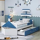 Dolamaní Kinderbett Jugendbett 90x200 cm, Segelboot-Form Ocean Style Zimmer Dekoration, Einzelbetten mit Holz Lattenrost, 2 Schubladen, Kleiner Stauraum über dem Bett, Blau