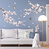 wondever Wandtattoo Rosa Kirschblüte Blumen Wandaufkleber Vögel auf Baum Ast Wandsticker Wanddeko für Wohnzimmer Schlafzimmer Sofa Hintergrund