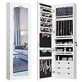 COSTWAY Schmuckschrank mit LED Beleuchtung, 6 Schubladen und Spiegel, Sipegelschrank hängend, Hängeschrank für Tür und Wandmontage, abschließbar (Weiß)