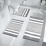 Pauwer Badezimmerteppich Set 3 Teilig Waschbar rutschfeste Badematte Toilettenmatte Weich Saugfähige Badteppiche und wc vorleger mit Ausschnitt Mikrofaser Duschvorleger, Hellgrau
