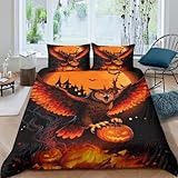 Eule Kürbis Bettwäsche Set Weiches Microfaser Bettbezug-Set Mit 3D Halloween-Motiv Mit Reißverschluss & Kissenbezüge Für Erwachsene Kinder Double（200x200cm）