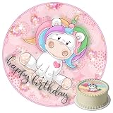 J&M DECO Tortenaufleger Einhorn – essbare Kuchendeko Ø 20 cm – Tortenbild für Mädchengeburtstag mit Regenbogen-Motiv – Tortendekoration aus Zuckerpapier – gebrauchsfertig
