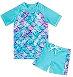 Fanient Badeanzug für Mädchen Blaue Druck Badeanzug Sommer Schnelltrocknende Zweiteiliger Bademode Kinder 7-8 Jahre