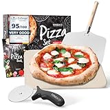 Pizzastein für Backofen & Gasgrill | Set mit Pizzaschieber Rezeptbuch Backstein & Pizzaschneider | Pizza Stein Set Steinplatte eckig Pizzaschaufel Grill Zubehör Brotbackstein Backofenstein Stone Kit