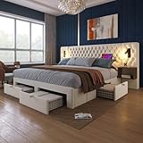 FEZTOY Doppelbett Bettanlage 180 x 200 cm mit 2X Nachtkommoden & 4 Schubladen, Kopfteil mit LED & USB Ladefunktion - Schlafzimmer Komplett-Set, Samt, Ohne Matratze