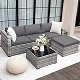 UDPATIO Lounge Gartenmöbel Set mit 3er Gartensofa, Hocker & Beistelltisch, Poly Rattan Balkonmöbel 4 Personen mit Kissen, Balkon Möbel Wetterfest, Gartenlounge für Garten, Terrasse, Outdoor, Grau