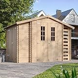 Holzhaus Gartenhaus mit Brennholzschuppen TIMBELA M389C - Gartenschuppen Holz B328xL206xH218 cm/ 3,53 + 0,97 + 0,97 m2 Lagerschuppen für Garten - Fahrrad Schuppen - Wasserfestes Dach
