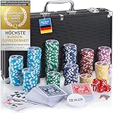 Profi Pokerkoffer Pokerset inkl. 300-500 schwerer 12g Metallkern Poker-Chips; Pokerdeck, Pokerkarten, Würfel, Dealer-Button; abschließbar Alu-Koffer; Casino für Zuhause (Schwarz, 300 Chips)