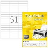 TopStick 8779 Universal Etiketten, 100 Blatt, 70 x 16,9 mm, 51 pro A4 Bogen, 5100 Stück, selbstklebend, bedruckbar, matt, blanko Papier Klebeetiketten Aufkleber, weiß