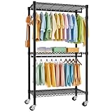 FTEYUET Kleiderständer auf Rollen, Kleiderstange, Schwerlast Kleiderständer Metall Garderobenständer Kleiderbügel Kleiderschrank mit 3 Kleiderstangen und Ablage, Haken (Schwarz, 41 D x 81 W x 210 H)