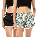 riemot 2 Pack Badeshorts Damen Schnelltrocknend Kurze Sporthose Yogahose Trainingshose Atmungsaktiv Schwimmshorts Sommer Badehose UV Schutz Strandshorts Boardshorts,Schwarz Blattmuster,S