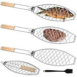 3er Set Fischbräter, 63x12cm Fisch Grillhalter mit Holzgriff, Faltbar Fischhalter zum Grillen mit 21cm Silikonbürste, Fischgrillgitter Tragbar Fischgrillzange für Grill und BBQ(Silber)