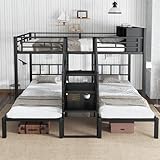 Eisenbett, Etagenbett 90x200cm & 140x200cm,Bett mit DREI Schlafplätzen, Bequeme Treppe mit Handläufen,Stabile Bettgestellstruktur,Oberes Bett mit Stauraum, Eisen,Schwarz,
