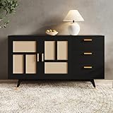 Moderner Sideboards mit 2 Rattan Türen 3 Schubladen Kommode 160x40x87cm Aufbewahrungsschrank für Wohnzimmer Schlafzimmer Küche Esszimmer Unterschrank Schwarz