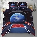 Sshjfeu Weltraum Blau Erde Bettwäsche-Sets 155x200, Galaxie Universum Wendebettwäsche 3 Teilig Microfaser bügelfrei, Raumstation Bettbezug und Kissenbezug 80x80cm mit Reißverschluss