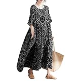 Versear Damen O-Ausschnitt Lose Boho Kaftan mit Taschen Große Größen Halber Ärmel Maxi Leinenkleid Graffiti Leinen Maxikleid Böhmen Baumwolle Oversize Lang Strandkleid Bikini Cover Up Strandponcho
