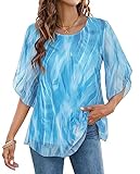 Timuspo Damen Chiffon Tunika Sommer Halbe Glockenärmel Rundkragen Lässig Locker Bluse Top