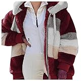 Azruma Jeansjacke Damen Leichte Steppjacke Winter Jacke Damen Frauen Fluffy Plüsch Patchwork Kapuzenjacke Mit Taschen Warm Langarm Hoodie Mit Reißverschluss Damen Jeansjacke Kurz (1-Wine, 4Xl)