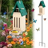 Tandefio Schmetterlingshaus und Futterspender für den Außenbereich, aus Holz, Schmetterlingshäuser für Garten, natürlicher Schmetterlingslebensraum und Schmetterlingspuddler mit Metallpfahl, einfache
