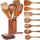 Kochlöffel Set Holz, 9 Stück Holz Kochbesteck Set mit Halter, Pfannenwender Kochlöffel Schöpfkelle Nudelheber Servierlöffel Sieb, Holzkochlöffel 100% aus Natürlichem Teakholz - Küchenhelfer Set
