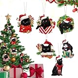 Schwarze Katze Weihnachtsbaum Ornamente,Katze Weihnachtsbaumschmuck | Schwarze Katze Acryl 6er Set Christbaumschmuck,Weihnachtsbaumschmuck, Weihnachtsbasteldekor für Bäume, Wand, Fenster