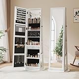 Dripex Schmuckschrank mit Spiegel, Standspiegel stehend, Schmuck Spiegelschrank mit Ganzkörperspiegel und Innenspiegel, Schmuck Organizer mit Ablagen 3 in 1, 360° drehbar, abschließbar, weiß