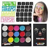 15 Farben Abwaschbares Kinderschminke Set, 91 Muster Karnevals Theaterschminke Palette, Wasserbasis Halloween Gesichtsfarben Set, Körperfarbe Palette mit Pinsel Schablone für Empfindliche Haut
