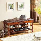 Vintage Holzbank mit Ledersitz, stilvolles Schuhregal und Organizer, multifunktionales Flurmöbel, Walnussholz-Finish, 80 x 35 x 48 cm, perfekt für Schlafzimmer und Eingangsbereich.