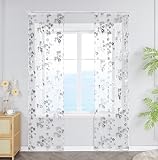 ESLIR Schiebevorhänge Set 2er Flächenvorhänge mit Klettband Schiebegardinen Transparent Gardinenschals Transparent Vorhang mit geprägtem Blumenmuster Silber BxH 57x175 cm 2 Stück