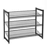 SONGMICS 3 Ebenen Metall-Schuhregal, Meshregal, verstellbare Ablage flach oder abgewinkelt Regalböden, stapelbares Lagerregal für Flur, Eingangsbereich, 74 x 62,8 x 30,7 cm, schwarz, LMR03B