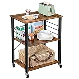 VASAGLE Küchenregal auf Rollen, Servierwagen, 3 Ebenen, Küchenwagen, für Mini-Backofen, Mikrowellen, Metallrahmen, 6 Haken, 40 x 60 x 89 cm, vintagebraun-tintenschwarz KKS60XV1