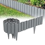 QEENTOE 4.8m Rasenkante Kunststoff Beetumrandung mit Holzoptik & 10 cm Erdspießen - Mähkante für Garten, Beeteinfassung Palisade im Holzdesign Grau