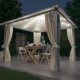 Pavillon mit Vorhängen, LAPOOH Faltpavillon, Pergola, Partyzelt, Standmarkise, Sonnenzelt, Garten Pavillion, Grillpavillon, 300x300 cm Creme Alu